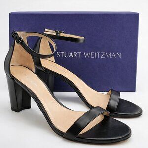 Stuart Weitzman Black Leather Ankle Strap Sandals – Block Heel – Size 9.5 – Box